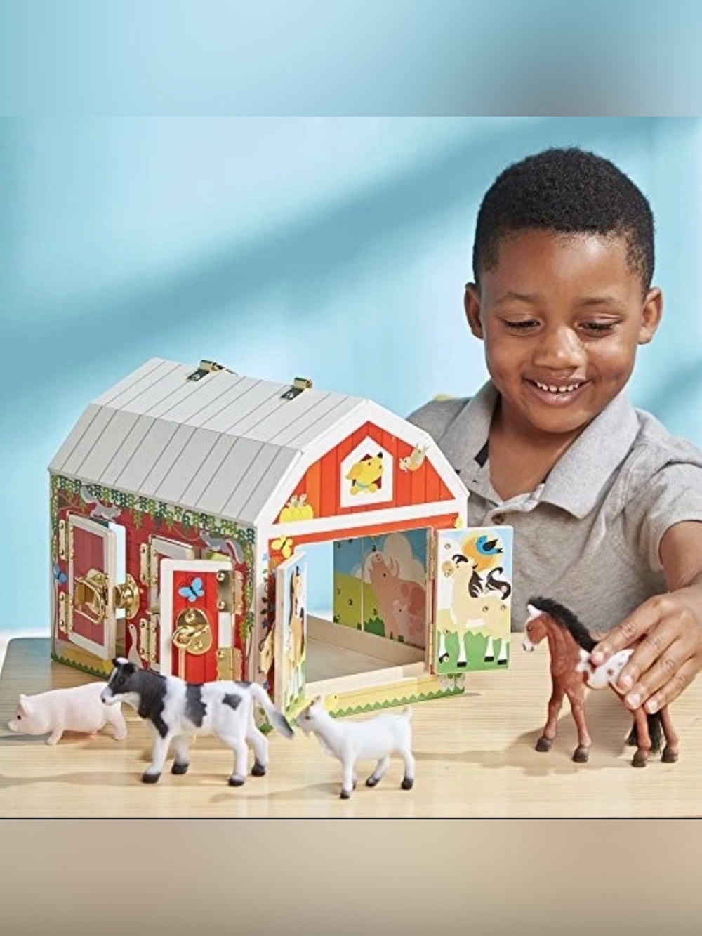 Melissa and Doug Wooden Latches Barn. Toy Sensory Activity. Includes 9 Animals.